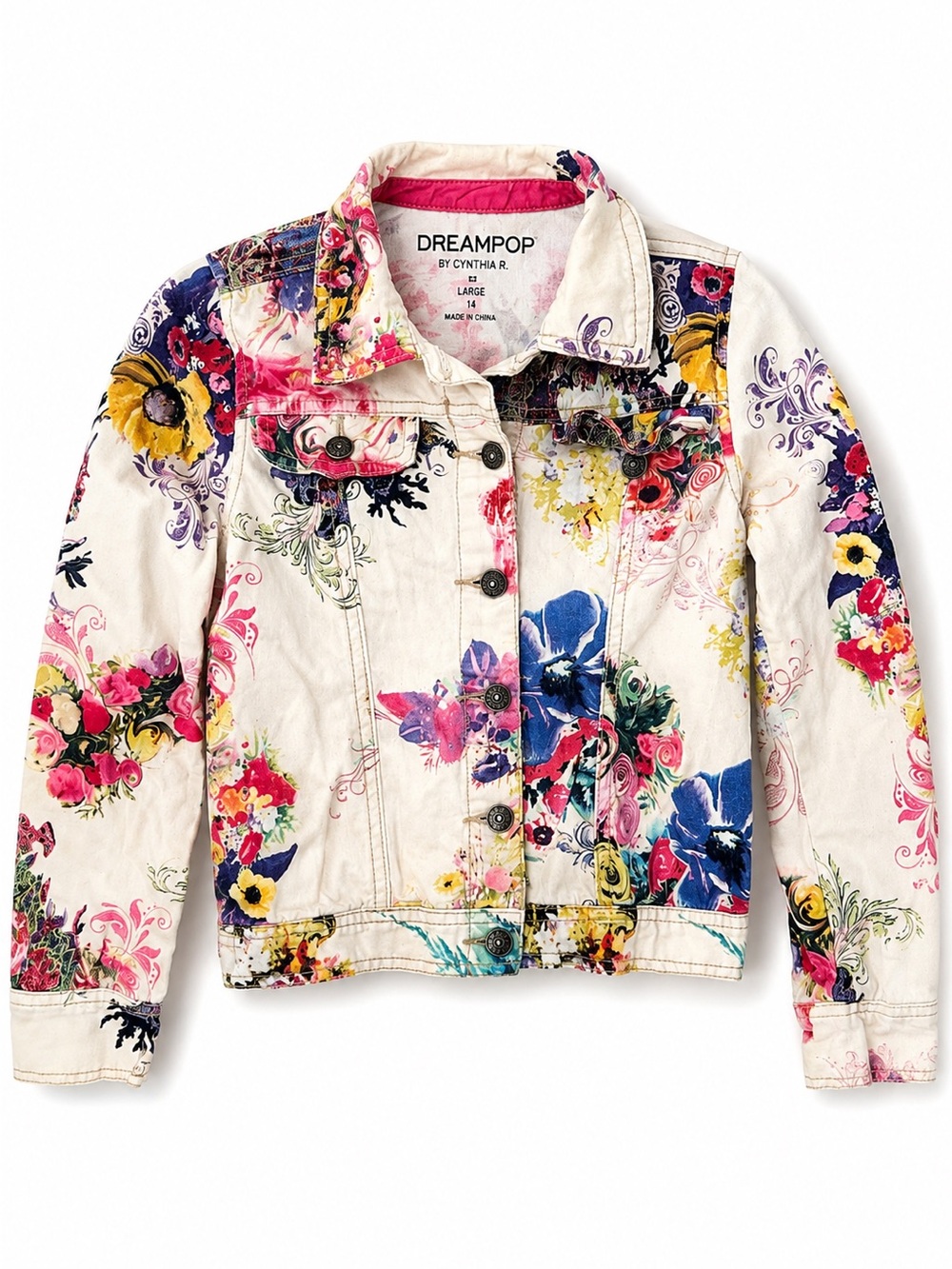 DreamPop by Cynthia Rowley Girls Floral Denim Jacket Multicolor Stretch Large 14